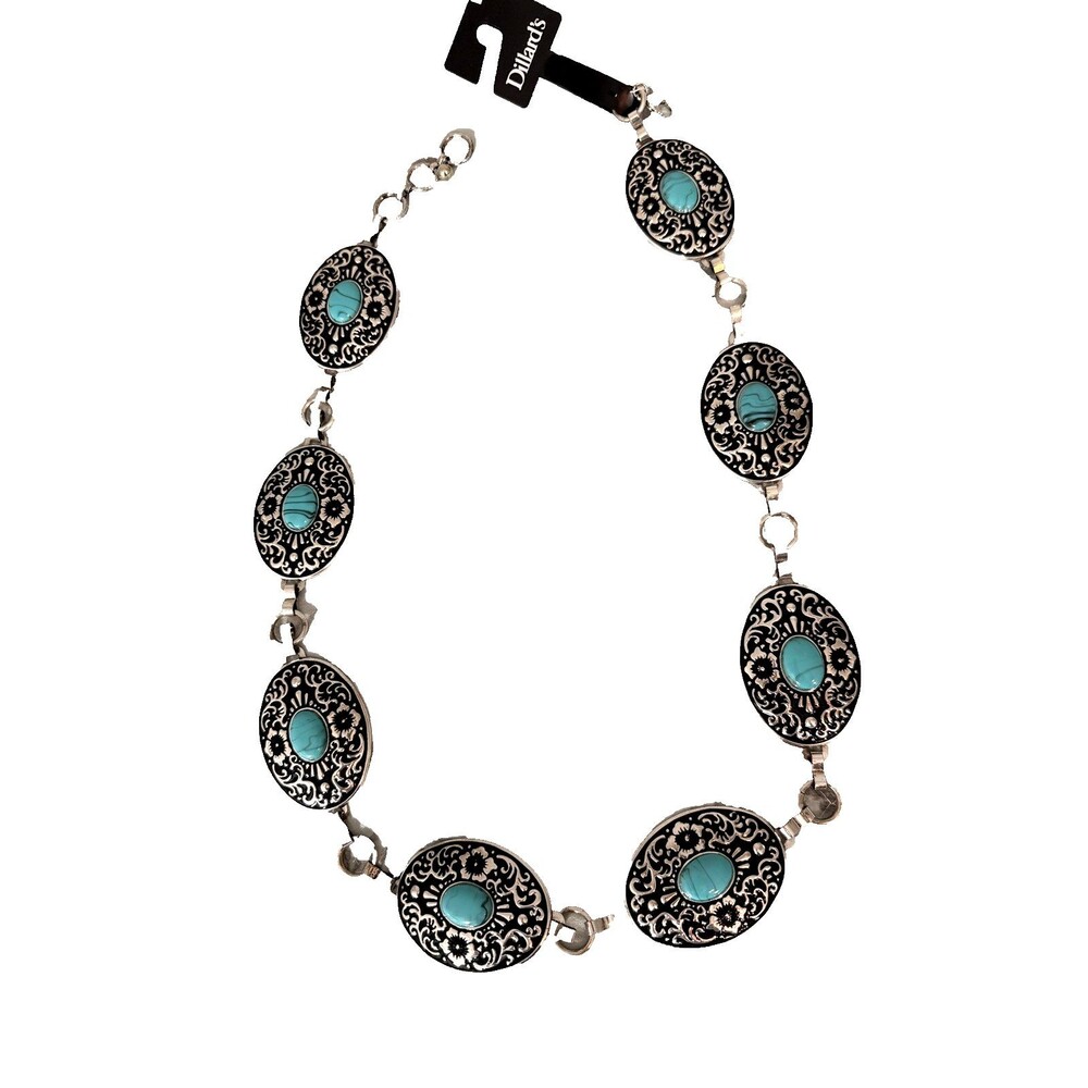 dillard's western concho belt silver tone faux turquoise oval disc s/m 36 inch